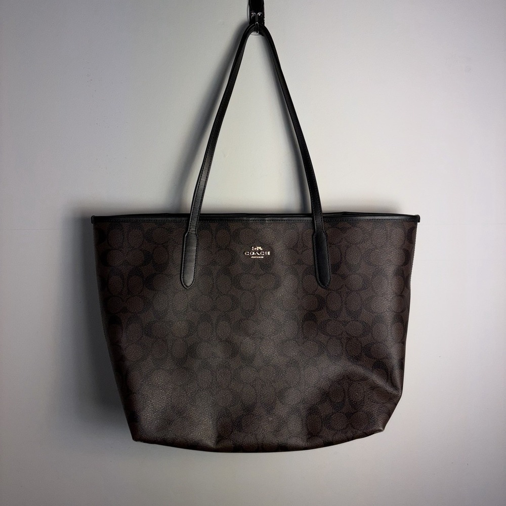 Coach 5696 City Large Tote In Signature Canvas Brown Black Handbag Shoulder Bag